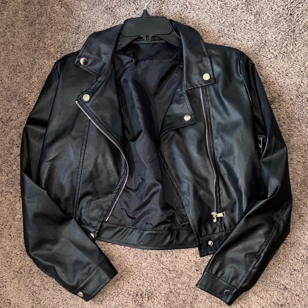 Cropped Black Faux Leather Biker Jacket